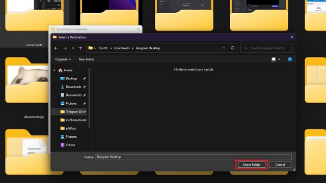 కొత్త స్క్రీన్షాట్ల ఫోల్డర్ని ఎంచుకోండి